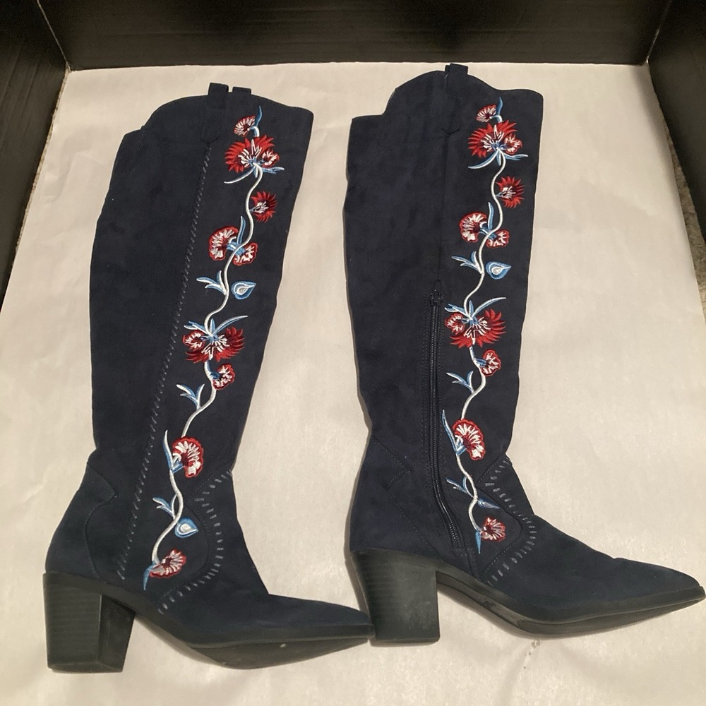 Carlos by Carlos  Santana Alexia Navy Blue Embroidered Over the Knee Boots 6M